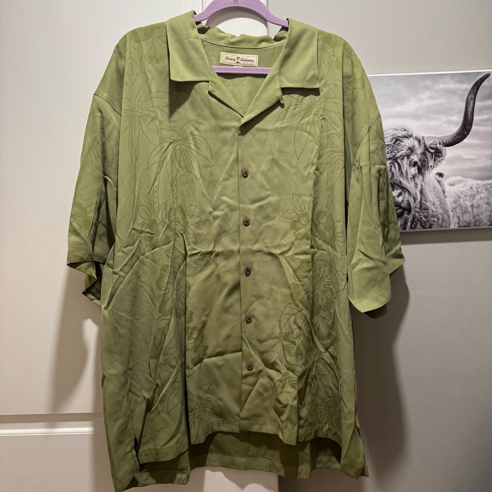 Tommy Bahama Shirt Mens 2XL Green Silk Hawaiian Button Up Short Sleeve